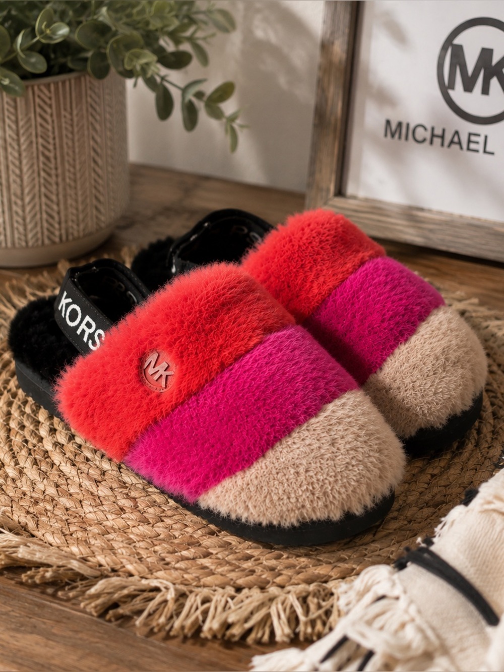 Michael Kors Women Red Pink Faux Fur Janice Slingback Slippers Size 8